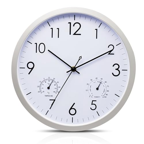 WIYETY Orologio da parete rotondo al quarzo: orologio da parete da 30 cm con termometro e igrometro, telaio in acciaio inox, funzionamento a batteria per cucina, soggiorno, camera da letto, ufficio
