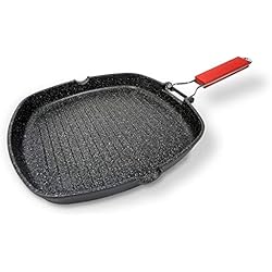 Moneta Sartenes Moneta Pro Grill, Sartén de Inducción con Mango Plegable, Revestimiento Antiadherente y Antiarañazos, Plancha Apta para Todo Tipo de Cocinas, Apta para el Lavavajillas, 28x28 cm