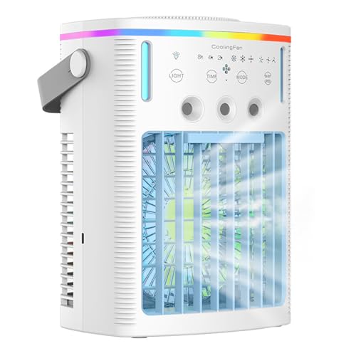 Aire acondicionado portátil con tanque de agua de 1000 ml, mini enfriador de aire, aire acondicionado USB 4 en 1 LED de 7 colores, ideal para la cocina, la oficina, el dormitorio y el camping.