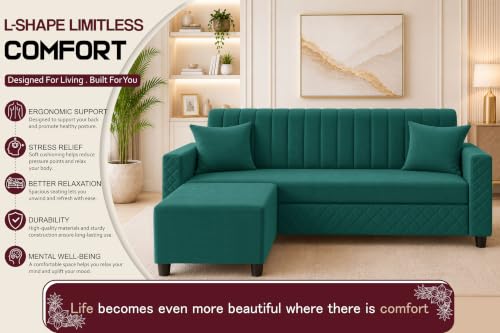 Image of L-Shaped 3 Seater Sectional Sofa with Ottoman | Modern Upholstered Couch | Vertical Channel Tufted Backrest | Diamond Quilted Arms & Base | Comfortable Living Room Furniture - Green