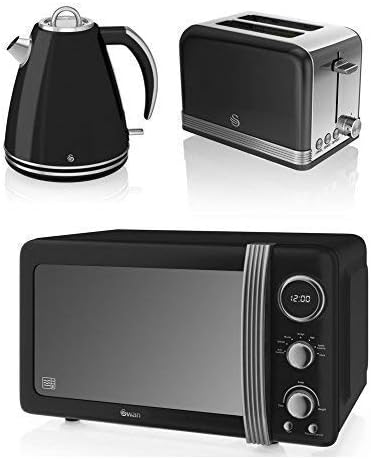 New Swan Kitchen Appliance Retro Set - Black Digital 20L Microwave, Black 1.5 Litre Jug Kettle & Black Retro Stylish 2 Slice Toaster Set