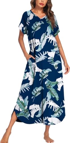 Image of Ekouaer Long Nightgown Women's Loungewear Short Sleeve Sleepwear Full Length Sleep Shirt with Pockets