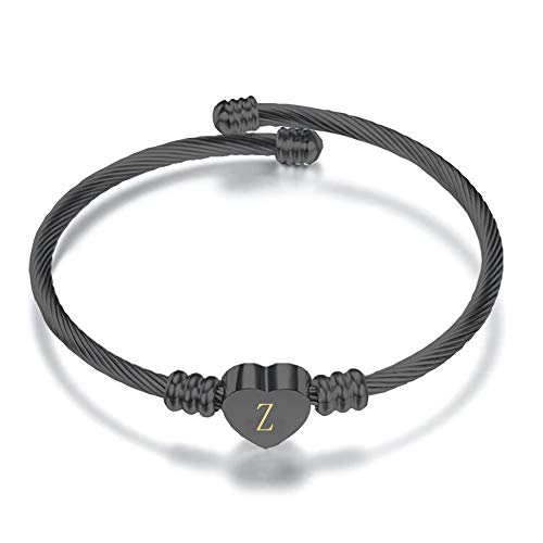 DWJSu Initial Bracelet for Women Girls Alphabet 26 Friendship Letters Letter Black Bracelet Heart Charm Expandable Cuff Bracelets For Men