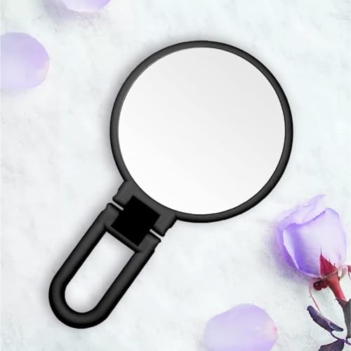 Image of 15X Folding Handheld Makeup Mirror | 23 x 13.5 x 2 cm | Double-Sided 1X /15X | Portable Travel & Purse Mirror | Multicolour Plastic Frame (1, Folding Round)