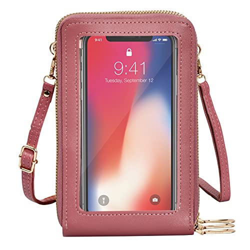 FESSOSKO Bolso Bandolera Pequeño Bandolera para Móvil con Pantalla Táctil Bolso de Teléfono Móvil con Pantalla Táctil para Mujer Cuero PU Crossbody Bolsa Bandolera Mujer para Celular (Rosa Oscuro) Cover