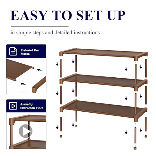 Kitsure Shoe Rack - Non-Woven Shoe Rack Shelf, Shoe Organizer for Closet, Entryway, Garage & Corridor, Stackable Shoe Shelves, 27.5" Wide - 3 Tier, Brown