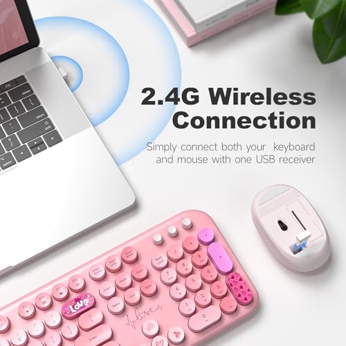 Image of Atelus Wireless Keyboard and Mouse, Typewriter Full Size Keyboard with Number Pad and 2 in 1 USB Connected Mouse for Windows 7 /8 /10, Laptop, Desktop, PC, Computer (Pink Colorful)