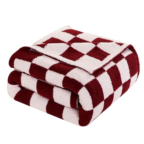 Image of Elegant Comfort Checkered Throw Blanket, Burgundy Super Soft Cozy Fluffy Warm Throw Blankets for Couch, Sofa, Chair, Bed, Camping, Picnic, Travel Lightweight Bed Blanket (50 inch x 70 inch)