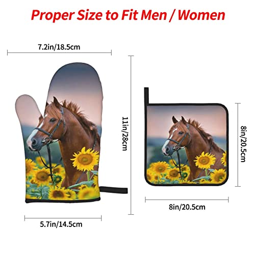 Yellow Sunflower Horse Print Kitchen Baking Four-Piece Set Oven Gloves Mitts Oven Pot Mat Sets Cooking Barbecue Indoor Outdoor #TOP3