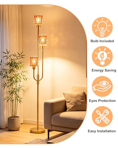 Image of 66IN Glass Floor Lamp 3-Lights Modern Gold Dimmable Floor Lamps with 3000K Warm White Bulbs for Wedding Party Standing Tall Lamp with Deep Red Glass Shade for Living Room /Bedroom /Home Decor