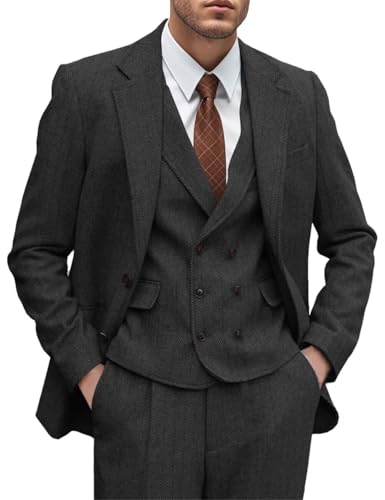 Mens Tweed Suit 3 Piece Slim Fit Herringbone Wedding Groomsmen Tuxedos Retro Jacket Double Breasted Vest Pants Set