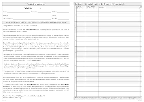 TimeTEX - Heft Schul-Notizen A4 | Zur Dokumentation von Gesprächsnotizen | Made in Germany | Inhalt: Heft mit 32 Seiten inkl. Notizen für Schul- und Fachkonferenzen, Elterngespräche uvm.