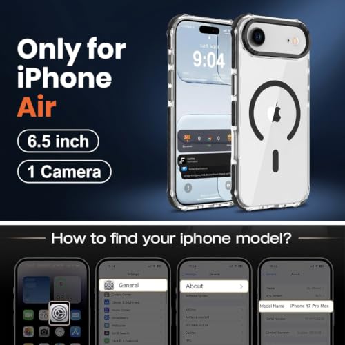 Image of ZORBES Strong Magnetic Case for iPhone 17 Air 6.5 inch Compatible with Magsafe, Military Grade Drop Protection, Clear Slim Shockproof Protective Phone Cover for Daily Use-Transparent, Black