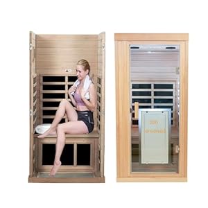 Far Infrared Wooden Sauna Room, 1-Person Size, with 1350W, 8 Low EMF Heaters, 10 Minutes Pre-Warm up, Time and Temp Pre-Set, 2 Bluetooth Speakers, 1 LED Reading Lamp and Clothing Hanging Rod