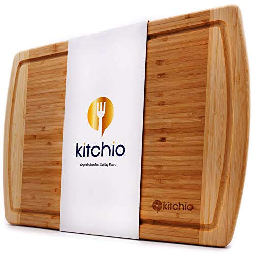 Kitchio Extra Large Bamboo Cutting Board-Lifetime Replacement-Organic Antibacterial Wooden Food Tray with Juice