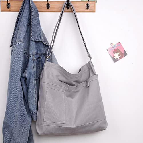 Image of Cotton Tote Handbag Women Canvas Crossbody Beach Bag Hobo Shoulder Tote Bag with 3 External Pocket,Zipper Closure