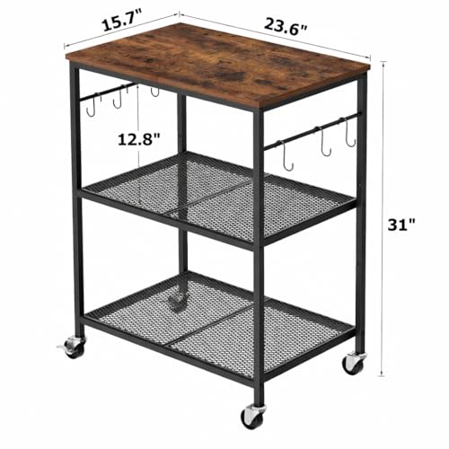 Homleke 3-Tier Rolling Kitchen Microwave Cart, Kitchen Utility Cart on Lockable Wheels, Coffee Bar Table Station with 6 S-Shaped Hooks, Small Appliance Storage Shelf, Rustic Brown and Black