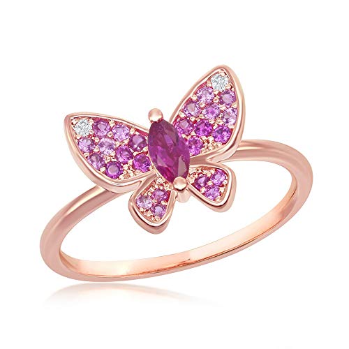 Beaux Bijoux Silver Tone Rose Gold Plated Marquise and Round Synthetic Ruby and White Cubic Zirconia Butterfly Ring