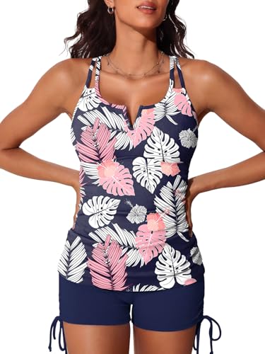 Image of Summer Mae Tankini Swimsuits for Women 2026 Bathing Suits Top Ruched Two Piece Tummy Control V-Wire Modest Swim Suits | Modest Bathing Suit, Flattering Swim Suit, Swimsuit with Adjustable Strap, Tankini with Shorts, Boy Shorts with Sporty Pocket