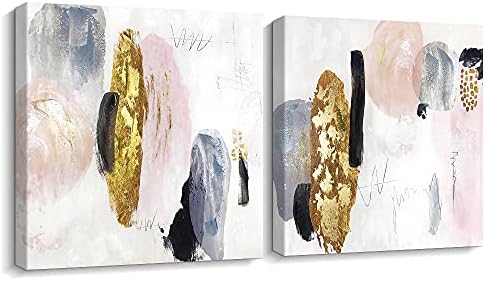 Pi Art Gold and Pink Abstract Canvas Wall Art, Painted Textured Painting Wall Decor for Living Room Bedroom Home Office Woman Decor (24x24, SET)