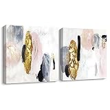 Pi Art Gold and Pink Abstract Canvas Wall Art, Painted Textured Painting Wall Decor for Living Room