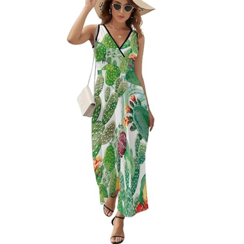 Robe Longue d'Été Vert Cactus sans Manches | Décontractée Col en V