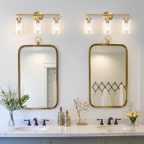 Image of Bathroom Vanity Lights Over Mirror Modern Gold Light Fixture 3 Light with Clear Glass Shade 21.3 inches Brass Wall Sconce Bathroom Lighting E26 Base