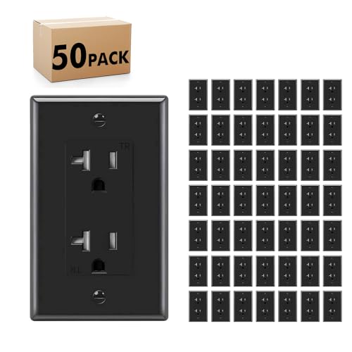 Micmi Decorator Receptacle Outlet, Tamper Resistant, Decorative Receptacle Outlet, 20Amp 125Volt, Grounding with Wall Plate UL Listed (50 Pack, Black, 20Amp Outlet) 20 Amp Outlet Black 50
