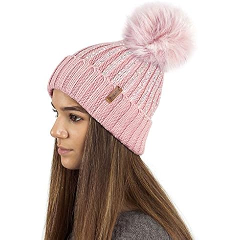 TOSKATOK Ladies Womens Girls Ribbed Knit Winter Beanie Bobble Hat with Stylish Silver Gold Metallic Foil Print & Large Faux Fur Pom Pom Cover