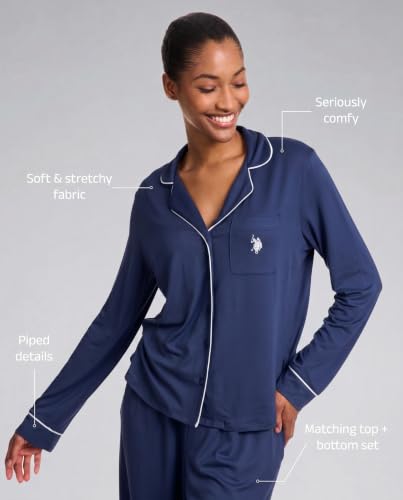 Image of U.S. POLO ASSN. Womens Lightweight Notch Collar Pajama Set | Classic Button Down Pajamas for Women with Long Sleeve Top and Pajama Pants
