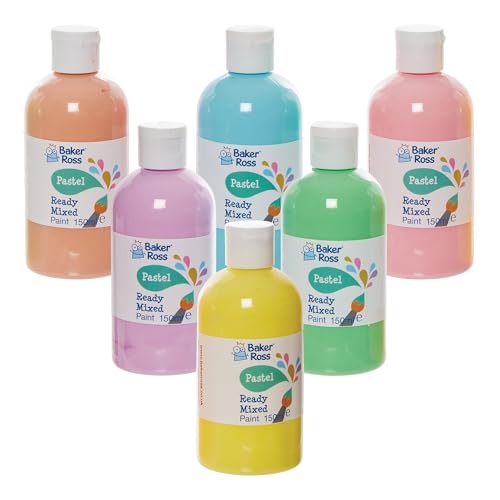 Baker Ross FN240 Pastel Ready Mixed Poster Paint Pack - Pack of 6 Bottles 150ml Assorted Colours Water Based Art Projects