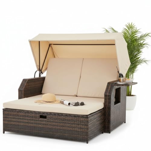 Mucola Strandkorb Polyrattan mit Dach Braun/Beige – 2-Sitzer...