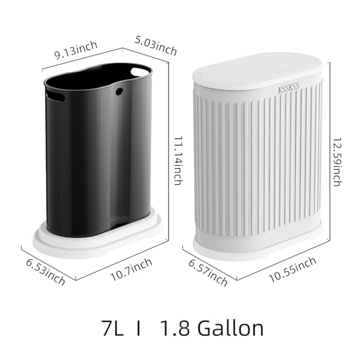 Image of KSSKSS 1.8 Gallons Small White Bathroom Trash Can with Lid, Slim Bathroom Garbage Bin, Removable Liner Bucket, Dog Proof Trash Can with Pop-Up Lid for Bedroom,Toilet