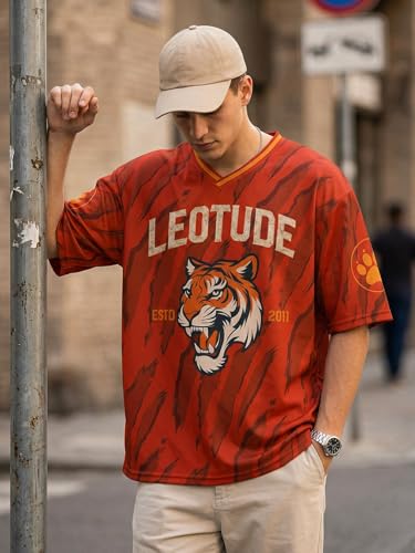 Image of LEOTUDE Men's Tiger Graphic Printed Oversized T-Shirt | Bold Red Sports Jersey Style Tee | V-Neck Half Sleeve Casual Streetwear for Men's (Color:Red)
