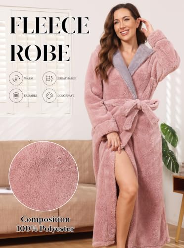 Image of Hellomamma Long Hooded Robe for Women Luxurious Flannel Fleece Full Length Bathrobe Winter Warm Pajamas Shower Nightgown