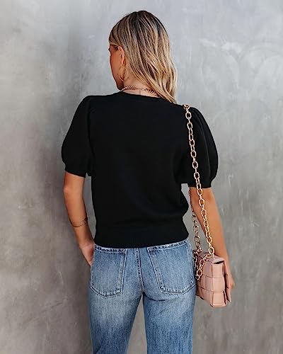 Image of Womens Puff Short Sleeve Sweater Tops Crewneck Basic Knit Pullover Lightweight Casual Sweaters