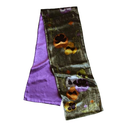 Silk Base Velvet Scarf, Pure Silk Lining, 58" L x10 W, Pansy, Olive Green/Violet2