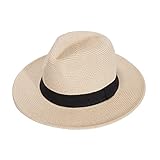 Joywant Abby Straw Sun Hat for Women with UV Protection Wide Brim Wind Lanyard,Travel Foldable Summer Beach Hat Panama Fedora-Beige