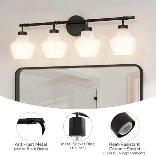 Image of USHOWER 4-Light Bathroom Light Fixtures, Vanity Lights with White Frosted Glass Shades, Modern Black Vanity Lights for Bathroom, Mirror, Living Room, Bedroom, Hallway, E26 Base (Bulbs Not Included)