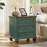 SAVOR LIFE Farmhouse Nightstand with 3 Drawers, Rustic Couch End Table with 4 Square Solid Wood Legs, Mid-Century Vintage Bed Side Table with Storage, Small Dresser for Bedroom, Living Room, Green