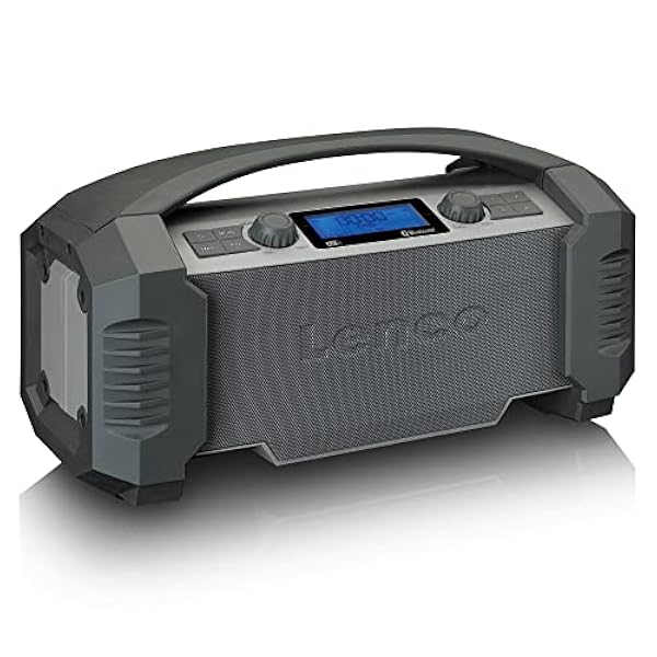 Lenco DAB , radio da cantiere, Bluetooth 5.0, ricevitore FM, IP54, impermeabile, batteria RMS da 15 Watt, 5000 mAh, caricatore USB AUX-In, grigio, ODR-150GY