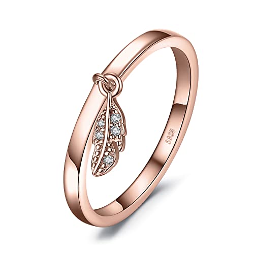 JewelryPalace Vintage Charm Feather Eternity Rings For women, Dangle Leaf 14K Rose Gold Plated 925 Sterling Silver Rings for Her, Anniversary Wedding band Jewellery Gifts J