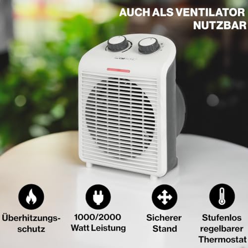 Clatronic Heizlüfter HL 3761, mobiler & kompakter Heizlüfter, 2 Heizstufen (1000/2000 W), Kaltstufe (Ventilator), stabiler Tragegriff, Grau-weiß, 263951