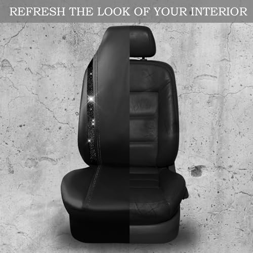 Image of CAR PASS Leather Car Seat Covers High Back Bucket Bling Diamond Front Seats, Waterproof Universal Shining Glitter Crystal Sparkle Fit Model 3 Tesla Model Y, Truck SUV Cute Women Girl, Black Rhinestone