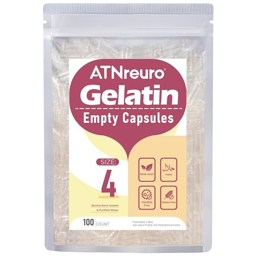 ATNreuro Cápsulas de Gelatina Vacías Tamaño 4 (100 piezas), Transparentes, Halal, Sin Gluten, Sin OMG, Ideal para Vitaminas y Suplementos, Inodoras e Insípidas