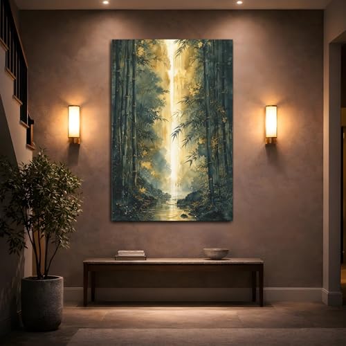 Tableau bambou vert et or nature 50x75 cm grand format vertical