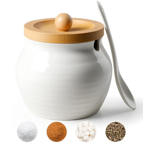 AISBUGUR Sugar Bowl with Lid and Spoon: 10oz Sugar Jar with Bamboo Lid,Ceramic Sugar Container for...