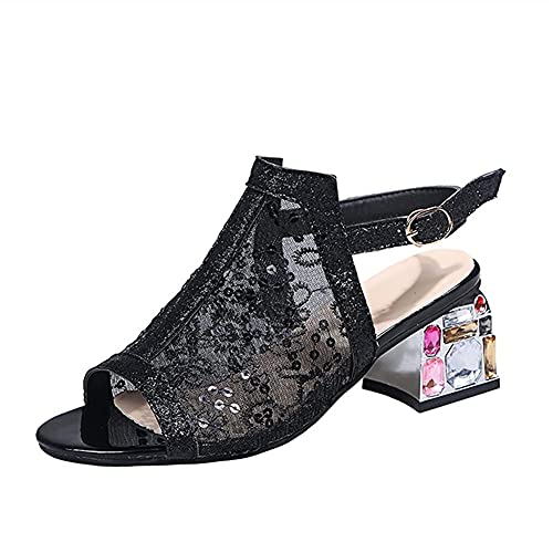 NICETOW Sandálias Femininas de Salto Grosso Peep Toe Sapatos Femininos Malha Sandálias respiráveis ​​Femininas Plus Size Sandália esportiva de verão (Cor: preto4, Tamanho do Sapato: 8,5)