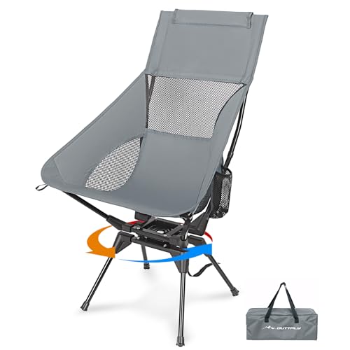 OUTTPLY Swivel Camping Chair, High Back Folding Chair with Head Support, Side Cup Pocket, Stable Portable Outdoor Chair for Camp, Travel, Beach, Party, Fishing, Hiking, Backpacking