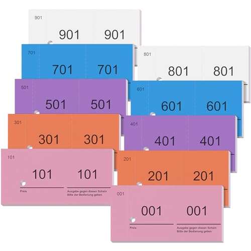 Nezyo Blocs Numerados 1-1000 Tickets Números Blocs de Notas de Números Dobles Papeletas Guardarropa para Eventos Ferias Rifas Sorteo Consumición, 10 x 5 cm(Rosa, Morado, Blanco, Naranja, Azul Claro)